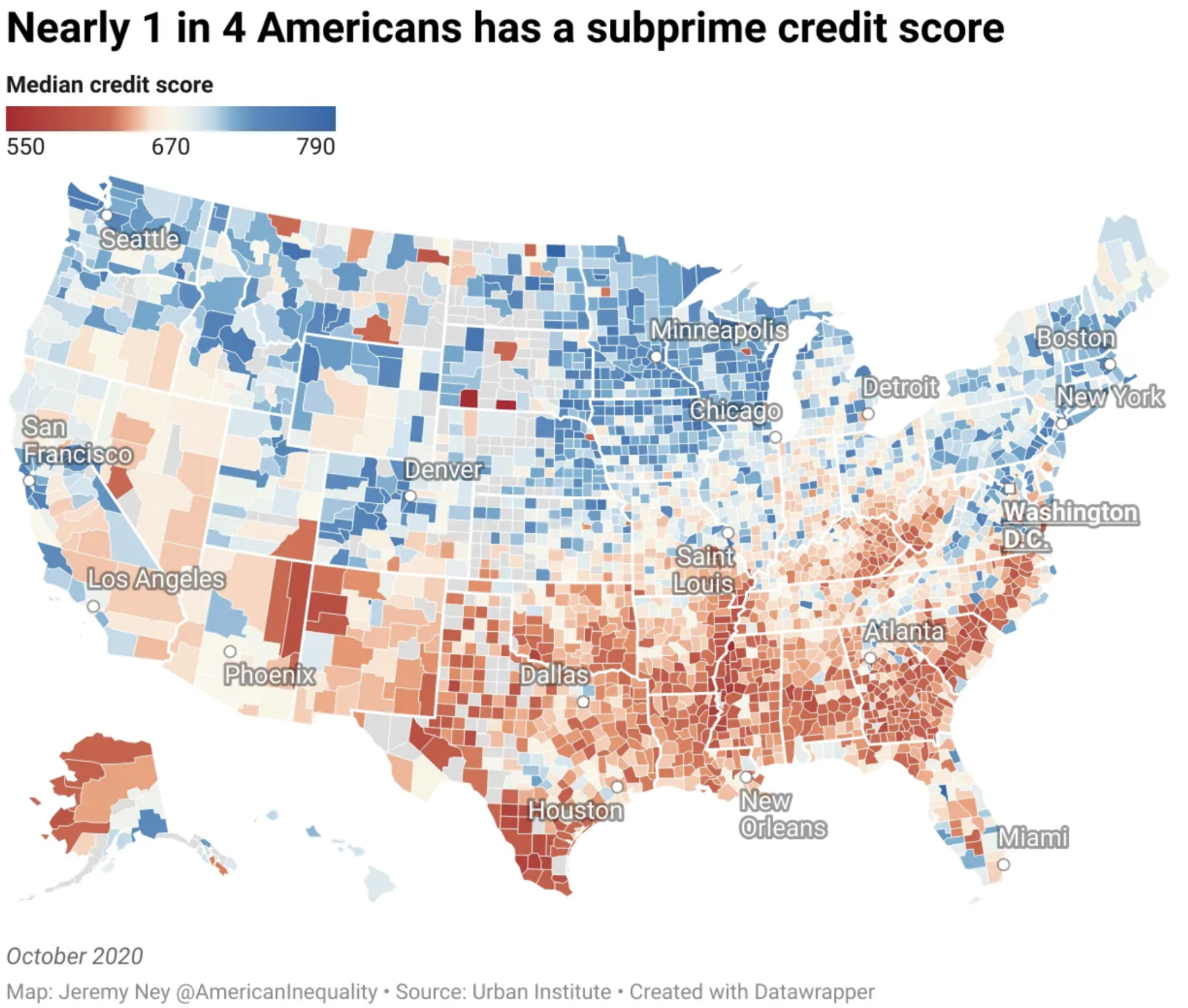 Map of average credit scores in the United States